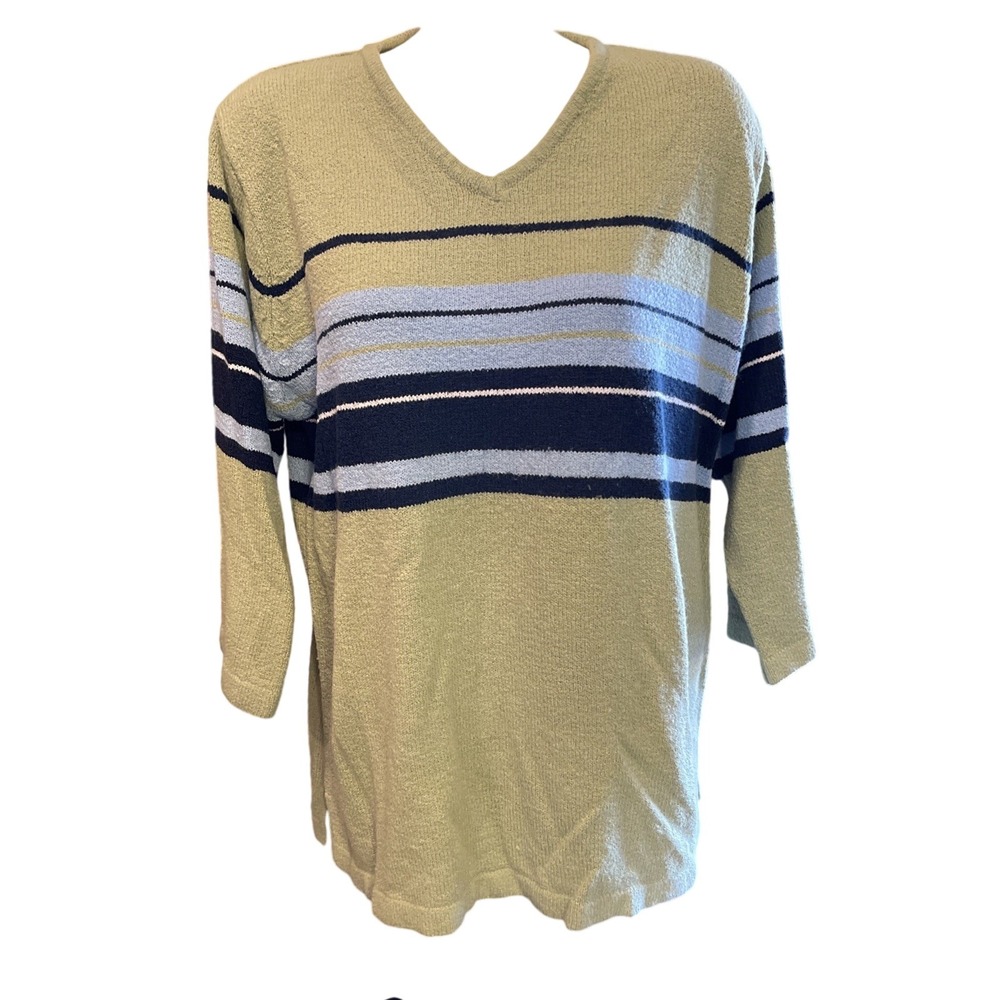 Striped V-Neck Knit Top Sage Green Blue Long Sleeve Relaxed Fit‎ Pullover Casual